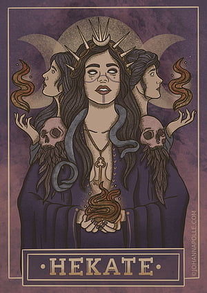 Hekate Triune Goddess Illustration with Skulls, Keys, and Flame in Mystical Purple Art HD phone wallpaper