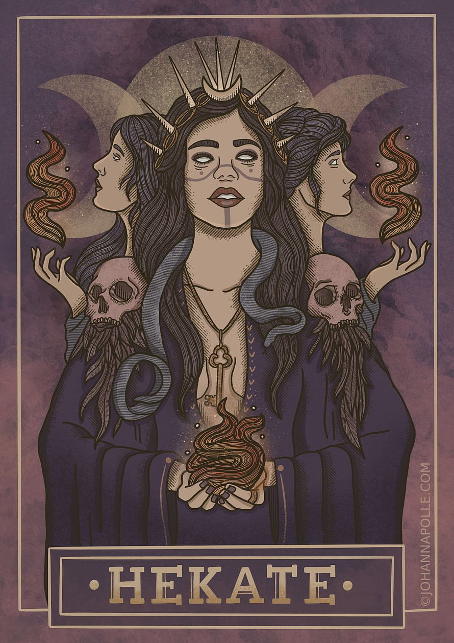 Hekate Triune Goddess Illustration with Skulls, Keys, and Flame in Mystical Purple Art HD phone wallpaper