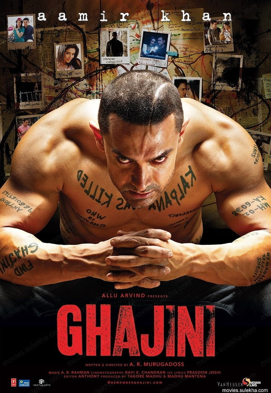 Ghajini Movie Poster Featuring Amir Khan with Intense Expression and Body Tattoos HD phone wallpaper