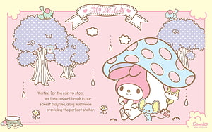 My Melody and Friends Sheltering Under a Mushroom in a Rainy Forest HD wallpaper