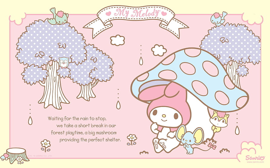 My Melody and Friends Sheltering Under a Mushroom in a Rainy Forest HD wallpaper