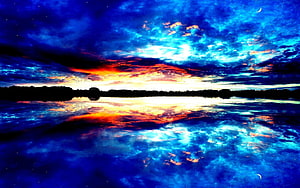 Vivid Sunset Over Calm Lake with Starry Sky and Crescent Moon Reflection HD wallpaper