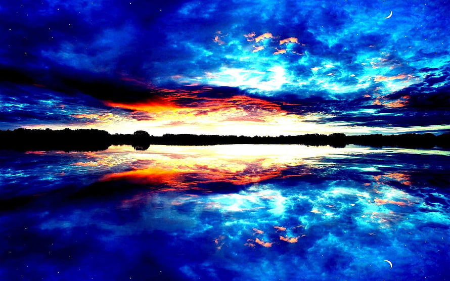 Vivid Sunset Over Calm Lake with Starry Sky and Crescent Moon Reflection HD wallpaper