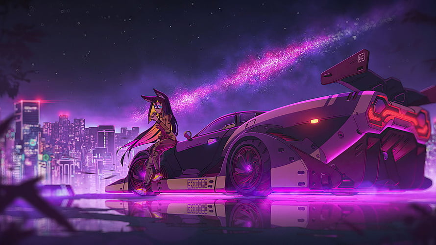 Anime Girl Riding Futuristic Cyberpunk Car Under Neon City Skyline HD wallpaper