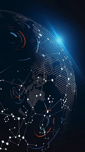 Digital Network Globe with Connected Nodes and Data Streams on Dark Background HD phone wallpaper
