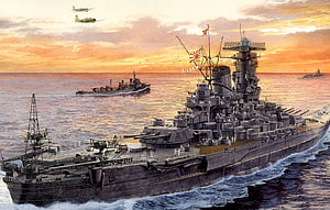IJN Yamato Battleship at Sunset with Escort Fleet and Aircraft in World War Two Naval Art HD wallpaper