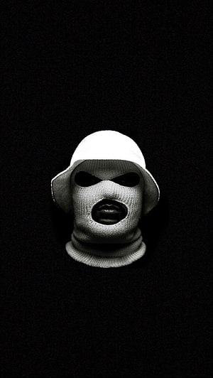 Monochrome Portrait of a Knitted Ski Mask with White Bucket Hat HD phone wallpaper