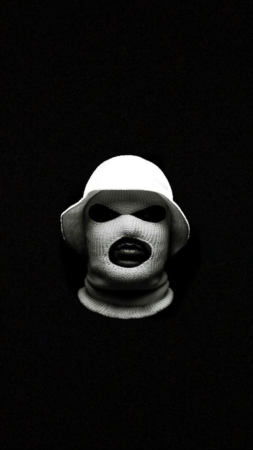 Monochrome Portrait of a Knitted Ski Mask with White Bucket Hat HD phone wallpaper