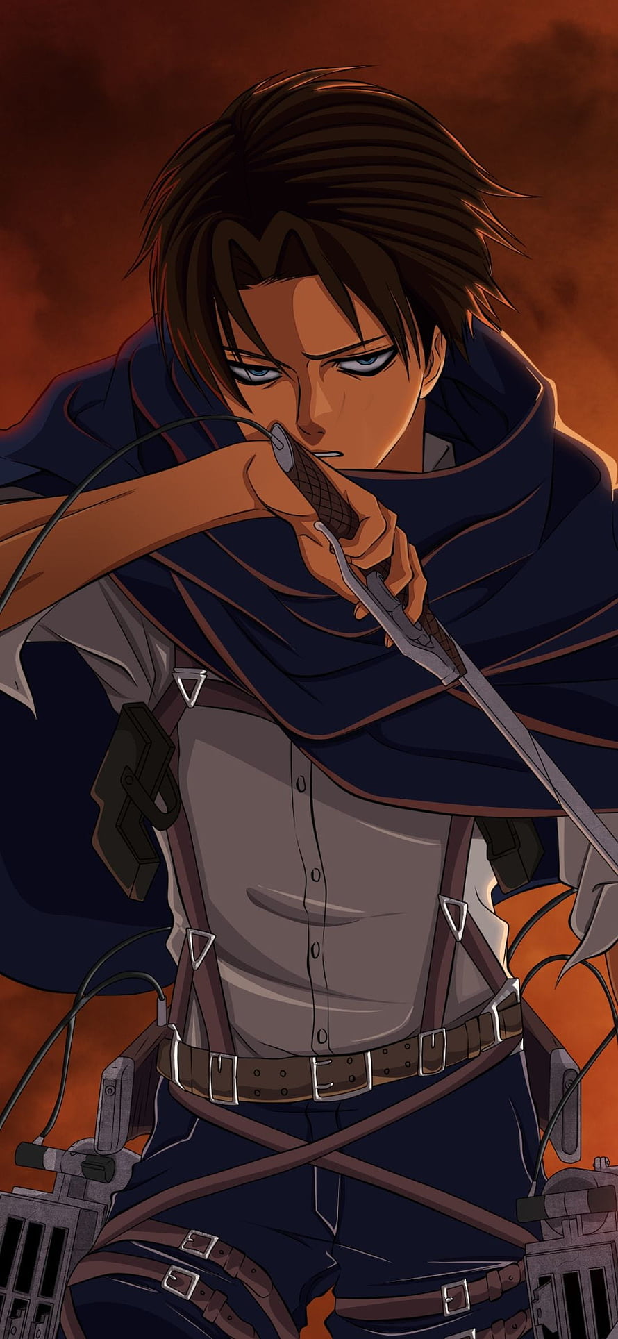 Levi Ackerman from Attack on Titan in Survey Corps uniform gripping a blade against a fiery backdrop, Attack On Titan Levi, mobile levi ackerman HD phone wallpaper