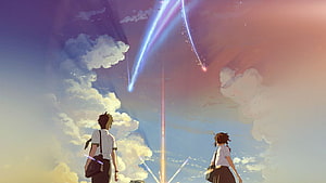 Two Students Gazing at Meteor Trails in a Dreamy Sky HD wallpaper