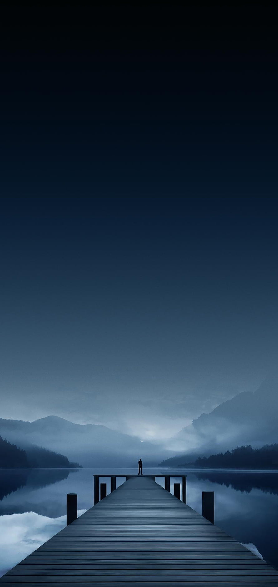 Solitary Figure Standing on a Wooden Pier Over a Misty Mountain Lake at Dusk HD phone wallpaper
