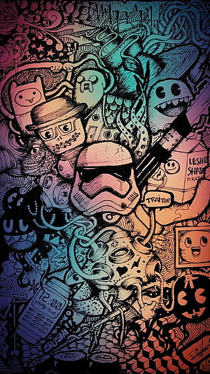 Intricate Doodle Art Featuring Star Wars Stormtrooper and Cartoon Characters in Vibrant Colors HD phone wallpaper