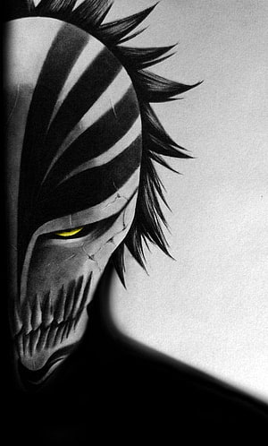 Ichigo Kurosaki Hollow Mask Portrait in Black and White with Glowing Yellow Eye HD phone wallpaper