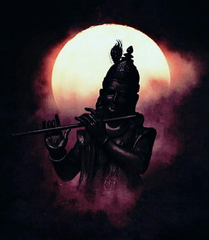 Lord Krishna Playing Flute Silhouette Against Full Moon HD phone wallpaper