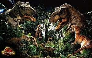 Jurassic Park T-Rex and Velociraptor Pack in Dense Jungle Foliage HD wallpaper