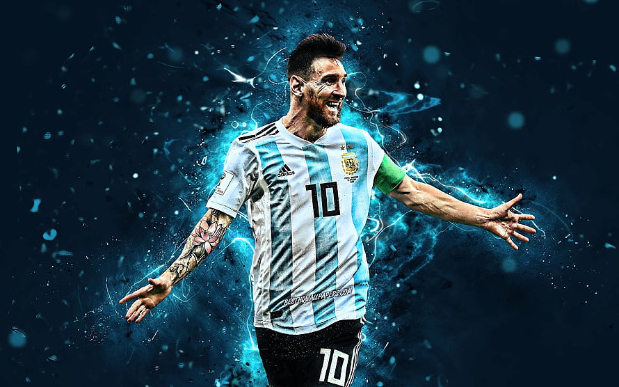 Lionel Messi in Argentina National Team Jersey with Dynamic Blue Energy Effects HD wallpaper