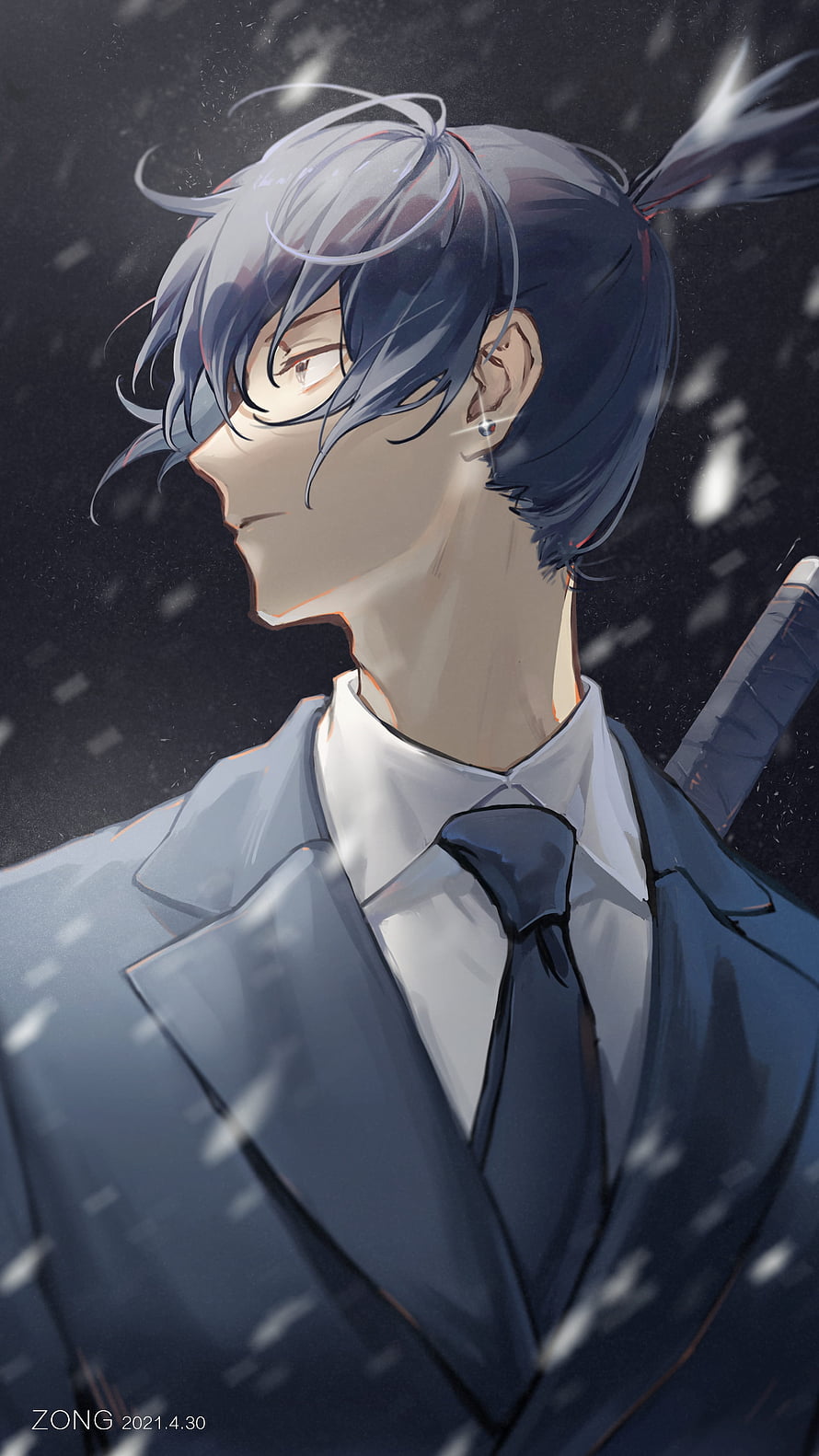 Aki Hayakawa from Chainsaw Man in a formal suit with a katana on a snowy night HD phone wallpaper