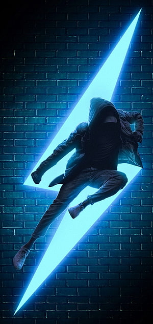 Hooded Figure in Dynamic Pose Against Glowing Blue Lightning on Dark Brick Wall HD phone wallpaper