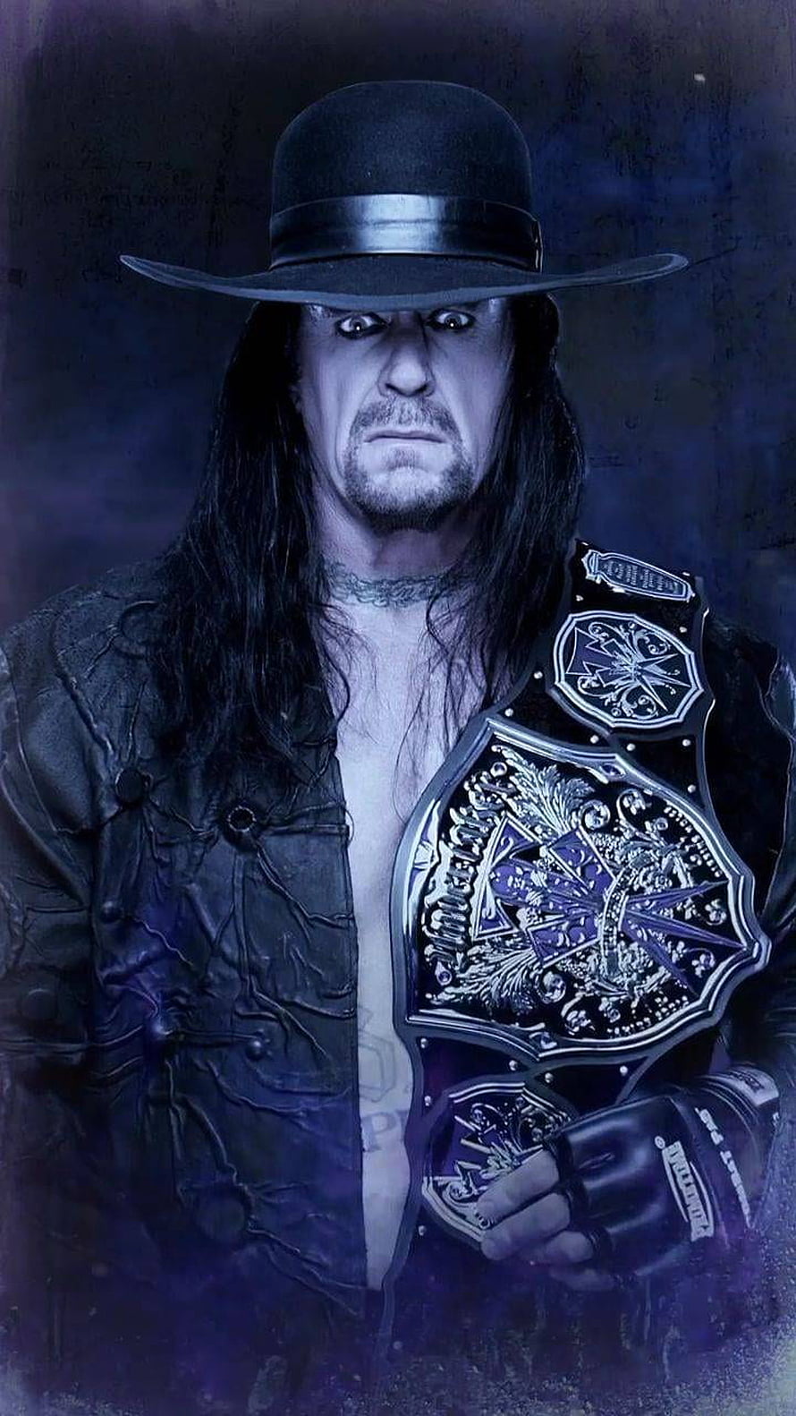 The Undertaker in Black Hat and Leather Jacket Holding Championship Belt HD phone wallpaper