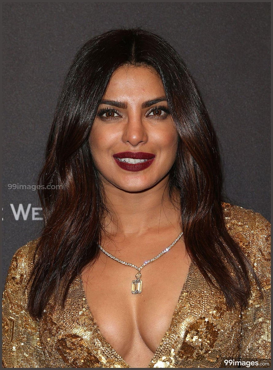 Priyanka Chopra in Gold Sequined Gown with Diamond Necklace and Dark Red Lipstick HD phone wallpaper