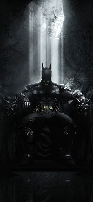 Batman Seated on Throne in Dark Cave with Dramatic Light Beams HD phone wallpaper