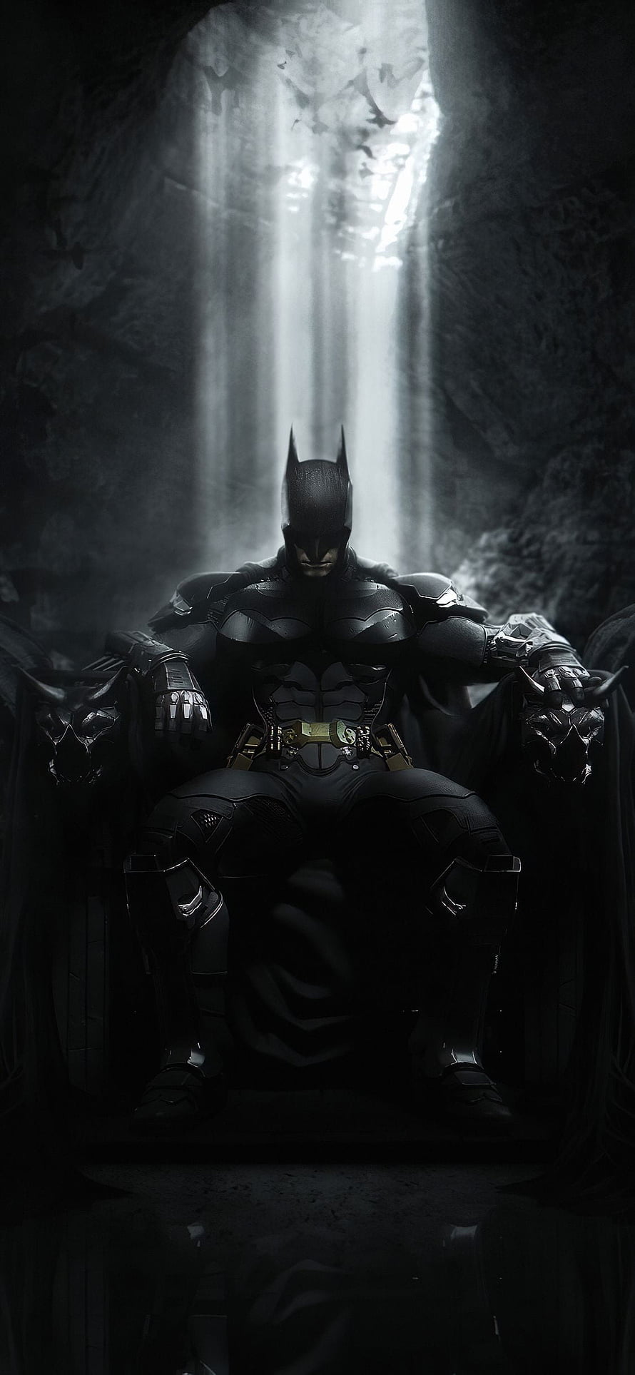 Batman Seated on Throne in Dark Cave with Dramatic Light Beams HD phone wallpaper