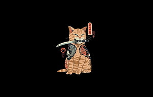 Japanese Cat Samurai Illustration with Katana and Traditional Tattoos on Black Background HD wallpaper