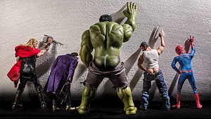 Avengers Action Figures in Funny Wall Pose with Thor, Hulk, Doctor Strange, Wolverine, and Spider-Man HD wallpaper