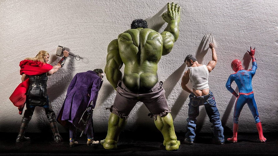 Avengers Action Figures in Funny Wall Pose with Thor, Hulk, Doctor Strange, Wolverine, and Spider-Man HD wallpaper