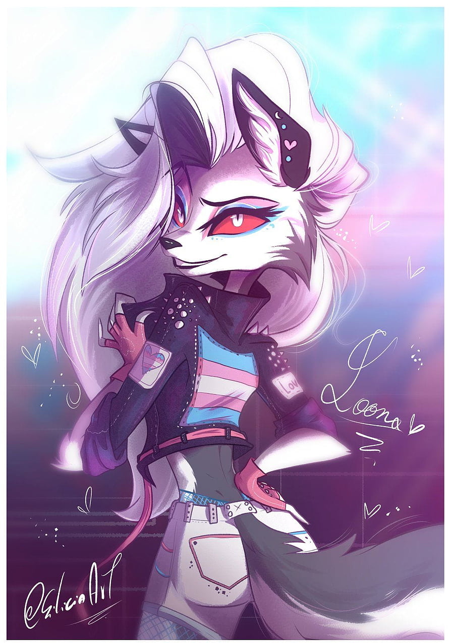 Loona from Helluva Boss in a punk outfit with white fur and red eyes HD phone wallpaper