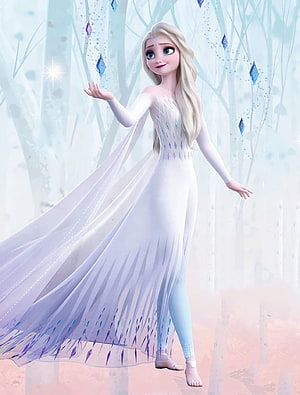 Elsa from Frozen 2 in a flowing white gown with icy blue accents in a frosty forest HD phone wallpaper