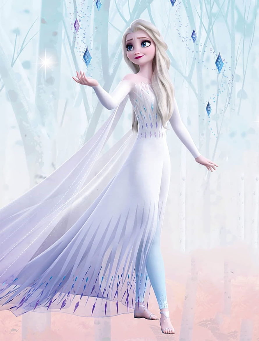 Elsa from Frozen 2 in a flowing white gown with icy blue accents in a frosty forest HD phone wallpaper
