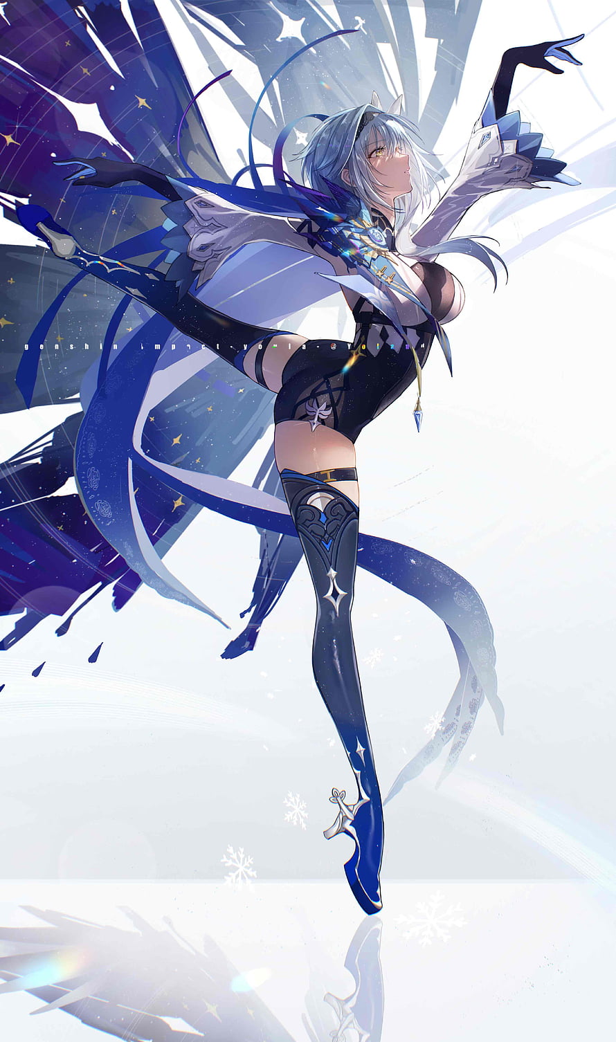 Eula Lawrence from Genshin Impact in a dynamic pose with flowing blue and white outfit HD phone wallpaper