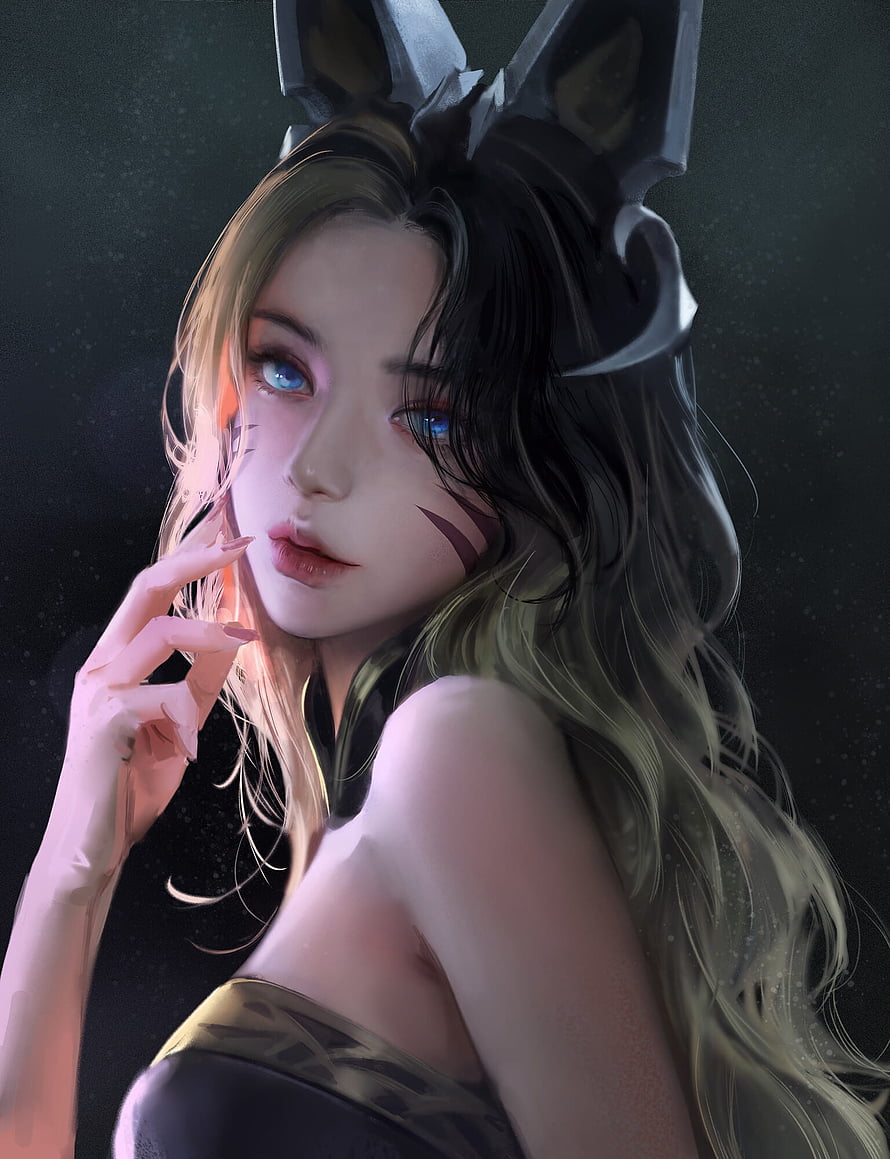 Ahri KDA All Out digital art portrait with fox ears and blue eyes HD phone wallpaper