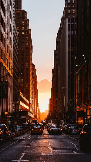 New York City Street at Golden Hour with Tall Buildings and Traffic HD phone wallpaper