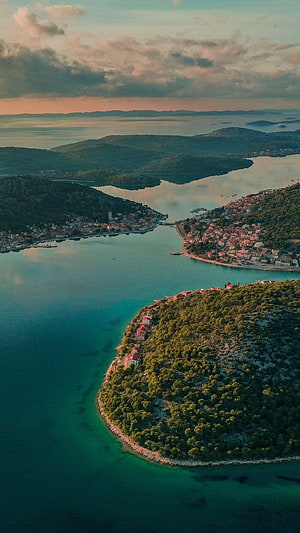 Aerial View of Hvar Island Coastline and Town at Golden Hour HD phone wallpaper
