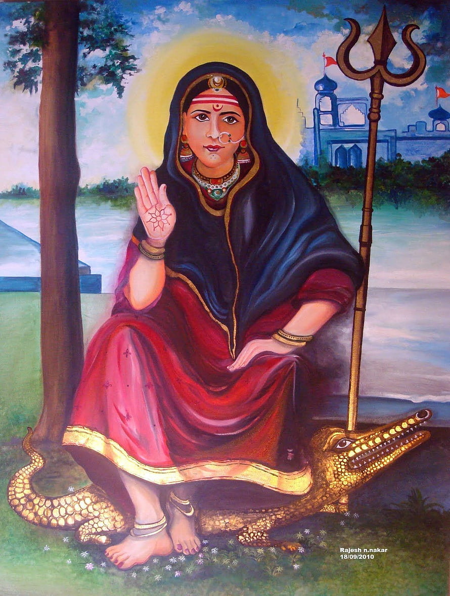 Khodiyar Maa Seated on Crocodile with Trishul and Golden Halo HD phone wallpaper
