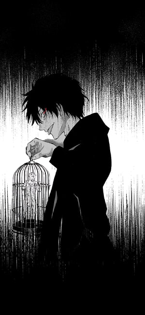 Yuuichi Katagiri holding a birdcage in the rain, dark manga illustration HD phone wallpaper