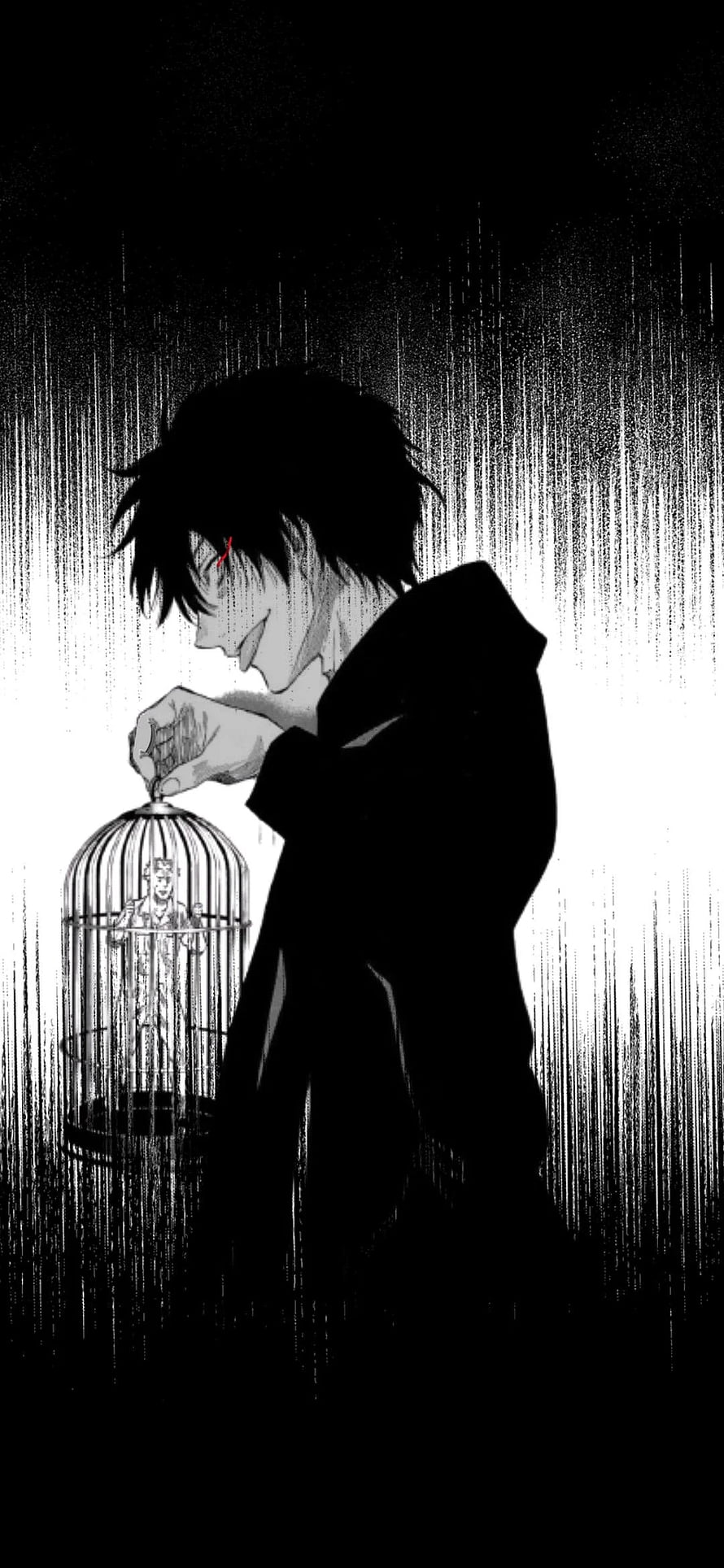 Yuuichi Katagiri holding a birdcage in the rain, dark manga illustration HD phone wallpaper
