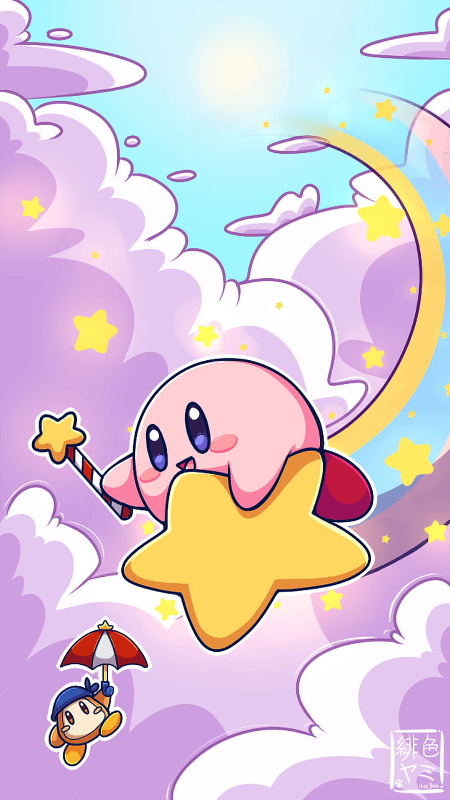Kirby Riding a Star Wand in a Dreamy Purple Sky with Waddle Dee HD phone wallpaper