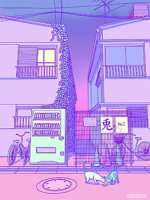 Pastel Japanese Street Scene with Cats and Vending Machine by Surudenise HD phone wallpaper