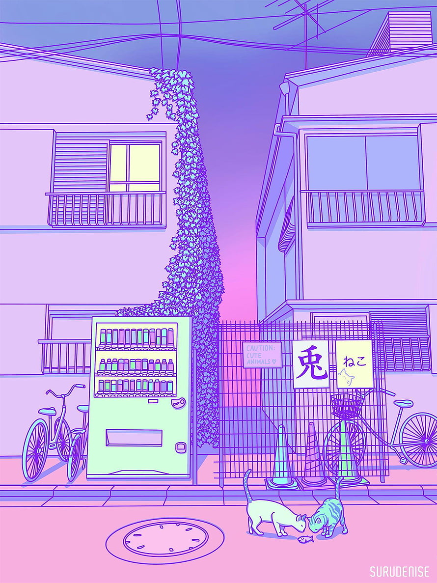 Pastel Japanese Street Scene with Cats and Vending Machine by Surudenise HD phone wallpaper