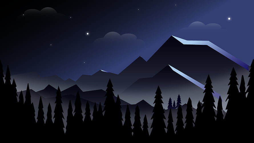 Stylized Night Mountain Landscape with Pine Forest Silhouettes and Starry Sky HD wallpaper