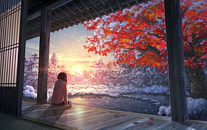 Anime Girl Watching Sunset Over Snowy Japanese Garden With Red Maple Tree HD wallpaper
