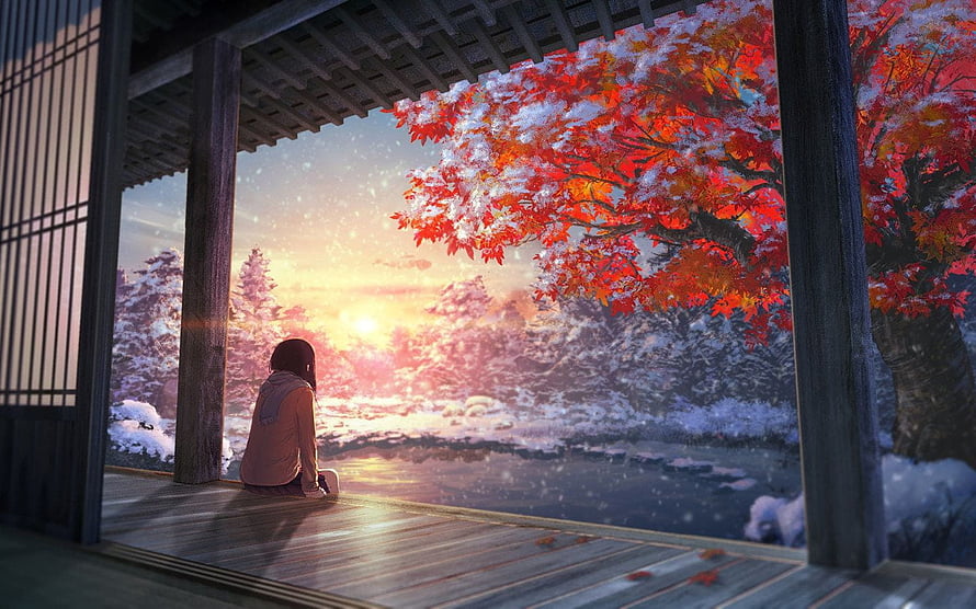 Anime Girl Watching Sunset Over Snowy Japanese Garden With Red Maple Tree HD wallpaper
