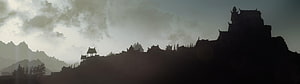 Silhouetted Asian Temple Complex on Misty Mountain Ridge at Dawn HD wallpaper