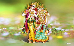 Radha Krishna Playing Flute in a Vibrant Floral Meadow HD wallpaper