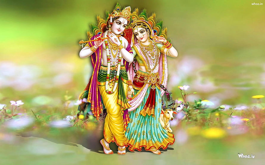 Radha Krishna Playing Flute in a Vibrant Floral Meadow HD wallpaper