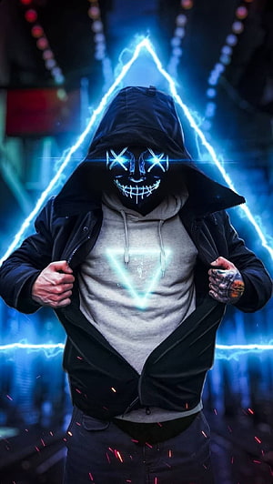 Glowing Neon Masked Figure in Hoodie with Electric Blue Triangle Aura HD phone wallpaper