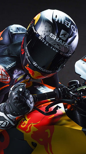 Red Bull KTM MotoGP Rider in Shark Helmet on RC16 Race Bike HD phone wallpaper